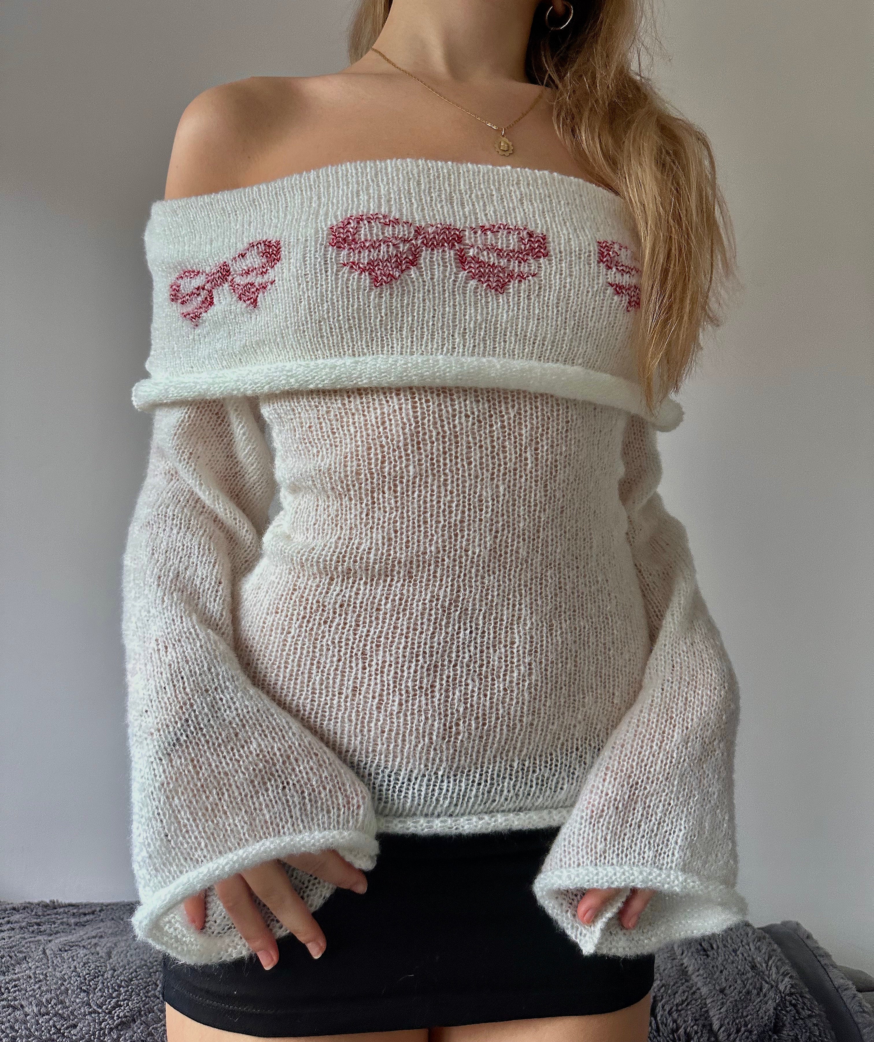 off the shoulder mohair bow knitted top